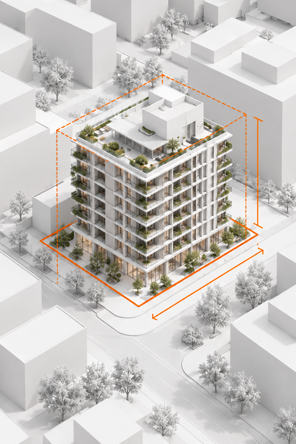 Modelo arquitectónico con envolvente y dimensiones del terreno
